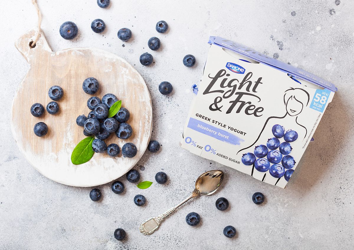 London,,Uk,-,September,26,,2018:,Light,And,Free,Greek
LONDON, UK - SEPTEMBER 26, 2018: Light and Free greek style yogurt with blueberries by Danone with berries