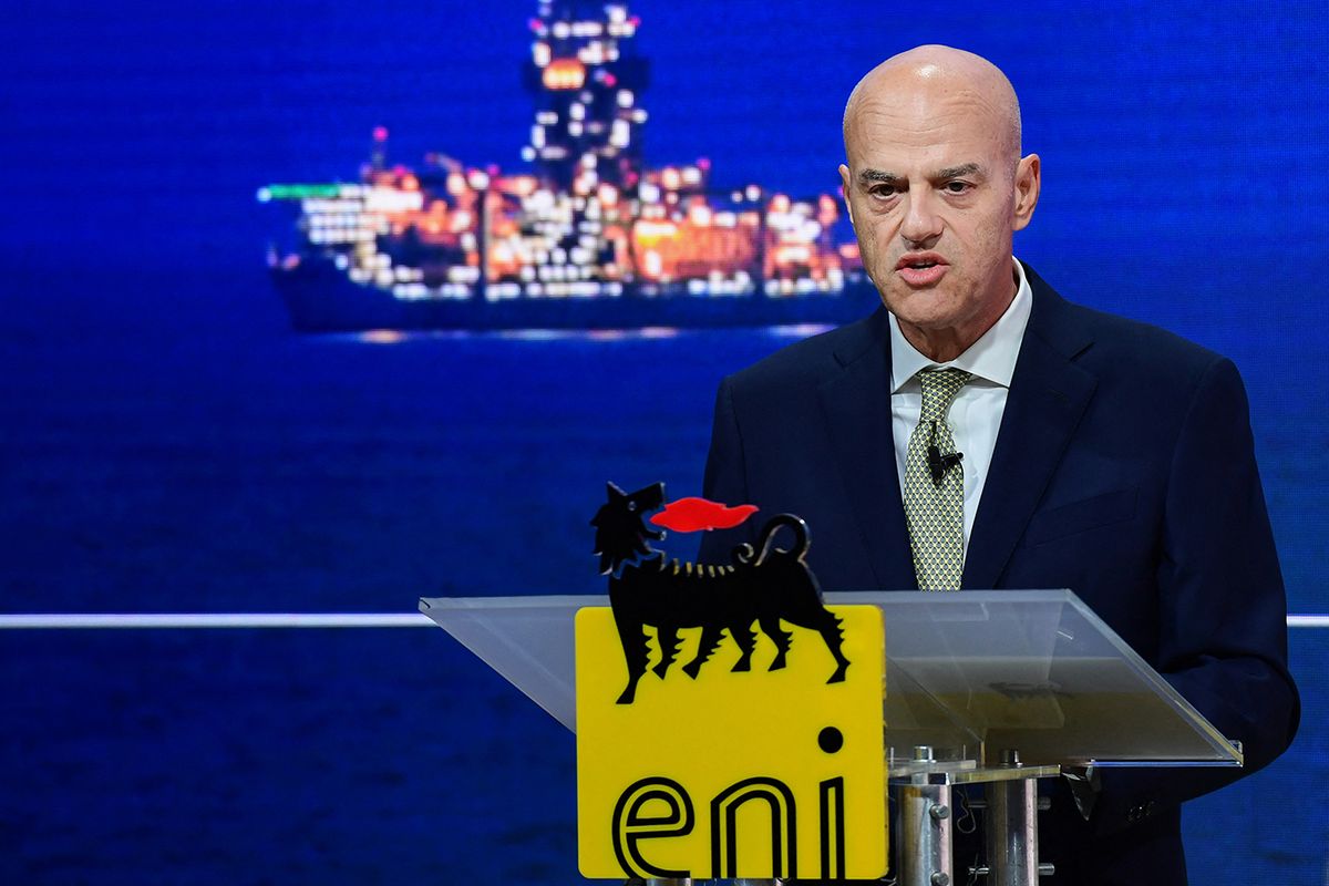 CEO of Italian multinational oil and gas company ENI, Claudio Descalzi gives a keynote presentation of the group's 2019-2022 strategy on March 15, 2019 in Milan. (Photo by Miguel MEDINA / AFP)
