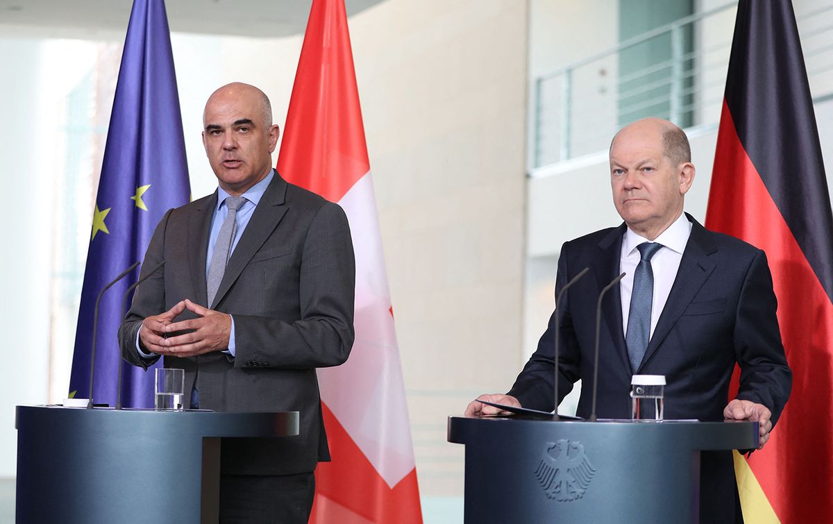 Olaf Scholz - Alain Berset meeting in Berlin
BERLIN, GERMANY - APRIL 17: Germany's chancellor Olaf Scholz (R) and Swiss President Alain Berset (L) give a joint a news conference following talks in Berlin, Germany on April 17, 2023. Cuneyt Karadag / Anadolu Agency (Photo by Cuneyt Karadag / ANADOLU AGENCY / Anadolu Agency via AFP)