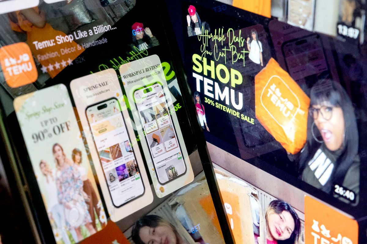 This photo illustration shows the Temu app in the App Store reflected in videos of Temu consumers, in Washington, DC, on February 23, 2023. (Photo by Stefani Reynolds / AFP)
US-CHINA-TECHNOLOGY-ECONOMY-SHOPPING-APP