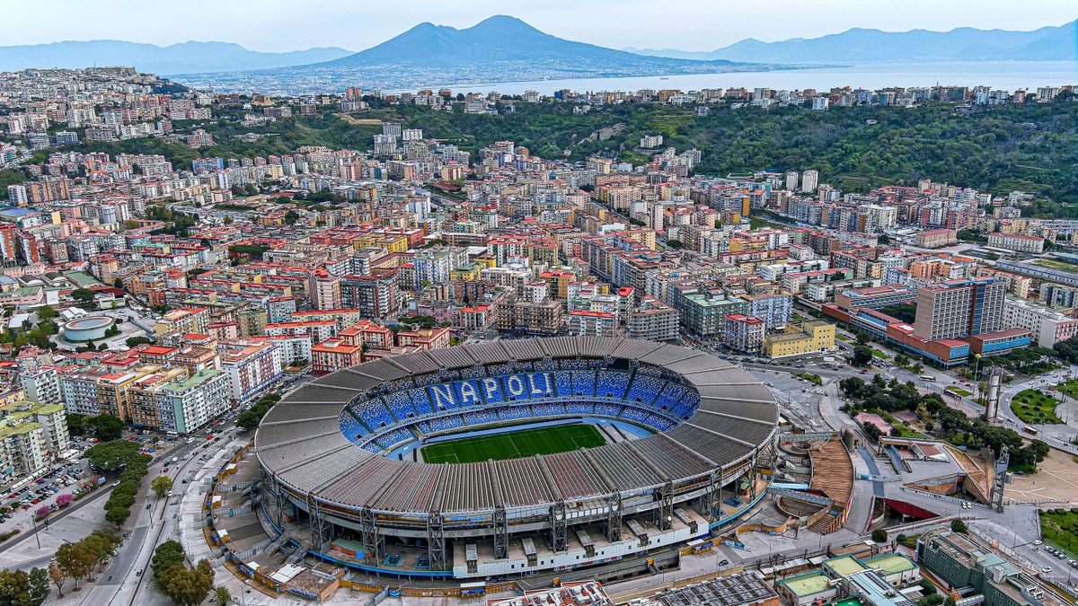 APRIL 19, 2022, Naples, Italy : Stadio Diego Armando Maradona, formerly Stadio San Paolo, is a stadium in suburb of Naples, Italy. S.S.C. Napoli is an Italian football club plays in Serie A in 6K