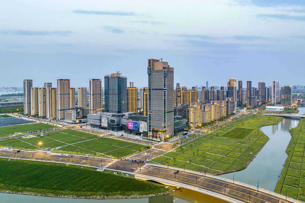 HANGZHOU, CHINA - APRIL 10: Aerial view of buildings at Hangzhou 2022 Asian Games Village on April 10, 2023 in Hangzhou, Zhejiang Province of China. 