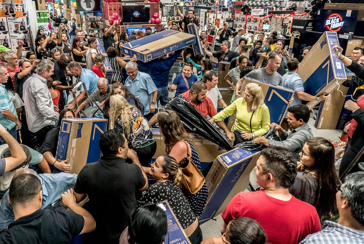 Black Friday
People participate in a &quot;Black Friday&quot; event,, on November 23, 2018. &quot;Black Friday&quot; is a term created in the United States to cite the day of big business that is celebrated the next day from Action Thanks. (Photo by Cris Faga/NurPhoto via Getty Images)
