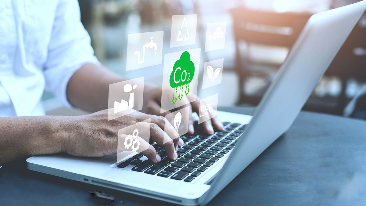 Person,Using,Laptop,For,Working,Technology,And,Business,Net,Zero
Person using laptop for working technology and business Net zero and carbon neutral concept. Renewable energy-based green businesses can limit climate change and global warming. Reduce CO2 emission