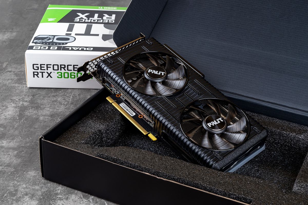 Varna,,Bulgaria,,January,11,,2021.,Palit,Nvidia,Geforce,Rtx,3060
Varna, Bulgaria, January 11, 2021. Palit Nvidia Geforce RTX 3060 Ti Dual OC gaming graphics card in an open box against dark background. Modern desktop pc hardware components for build and upgrade.