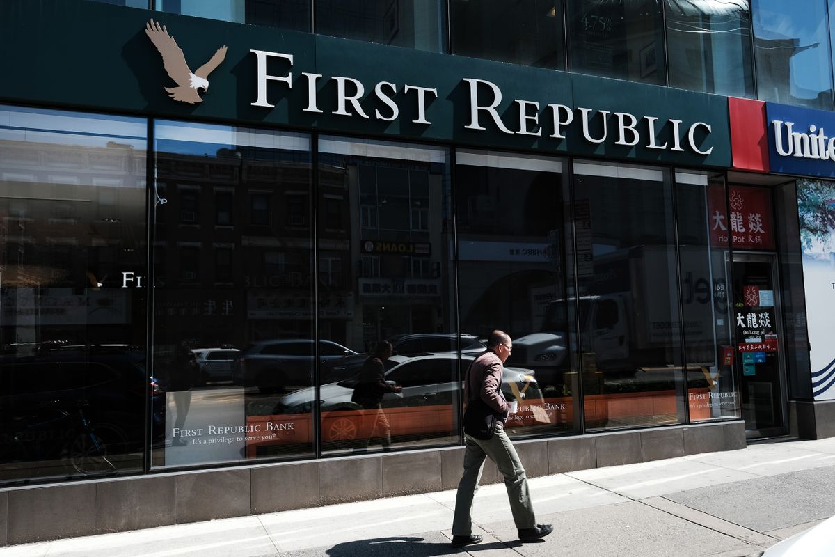 NEW YORK, NEW YORK - APRIL 24: A person walks past a First Republic bank branch in Manhattan on April 24, 2023 in New York City. The U.S. bank will reveal its latest financial results but concerns over small and medium-sized banks persist following the collapse of Silicon Valley Bank (SVB) in March.  