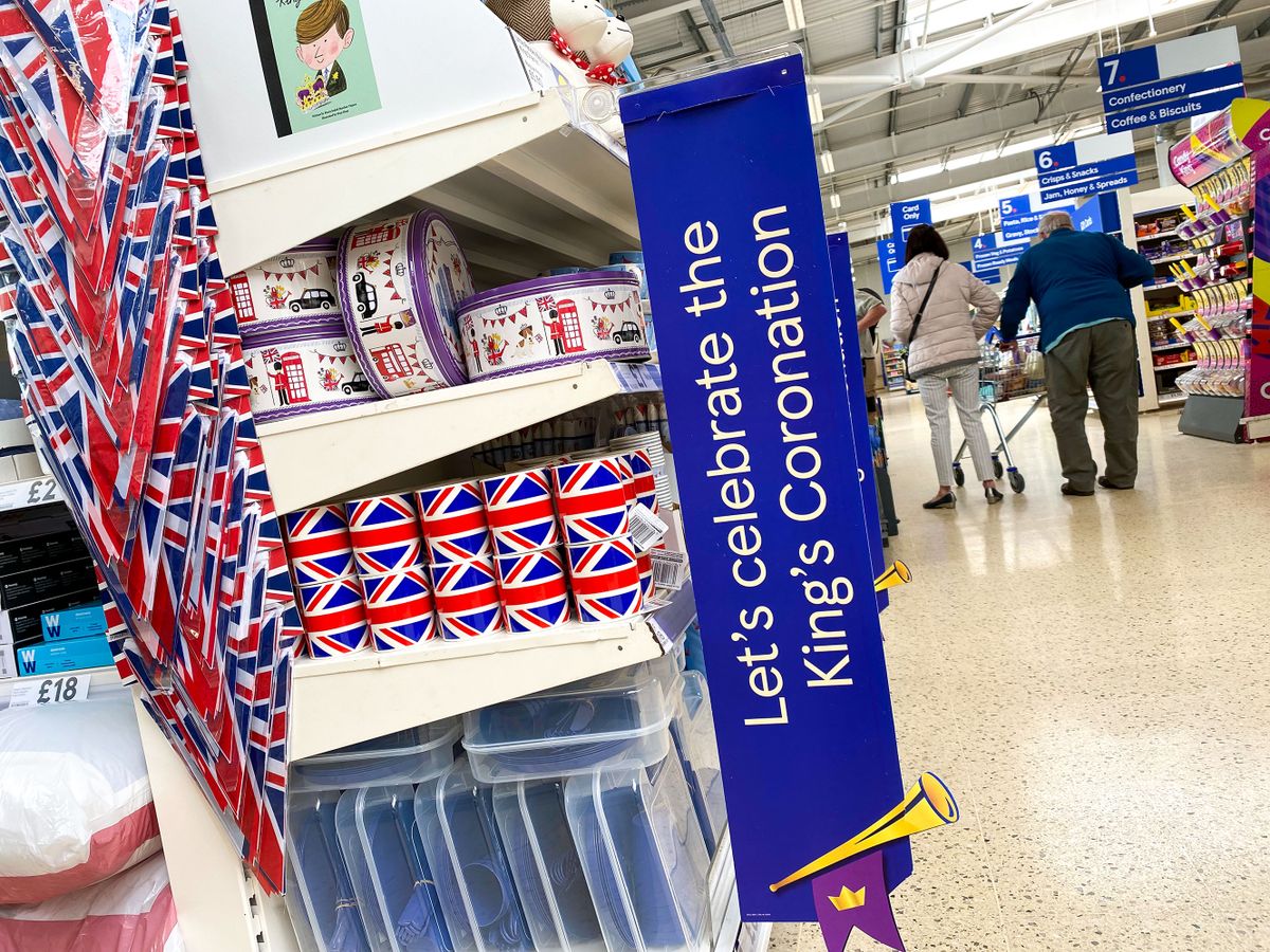 PORTLAND, ENGLAND - APRIL 24: Signs reading, 'Let's celebrate the King's Coronation' are seen in a Tesco store, on April 24, 2023 in Portland, England. The Coronation of King Charles III and The Queen Consort will take place on May 6, part of a three-day celebration. 
