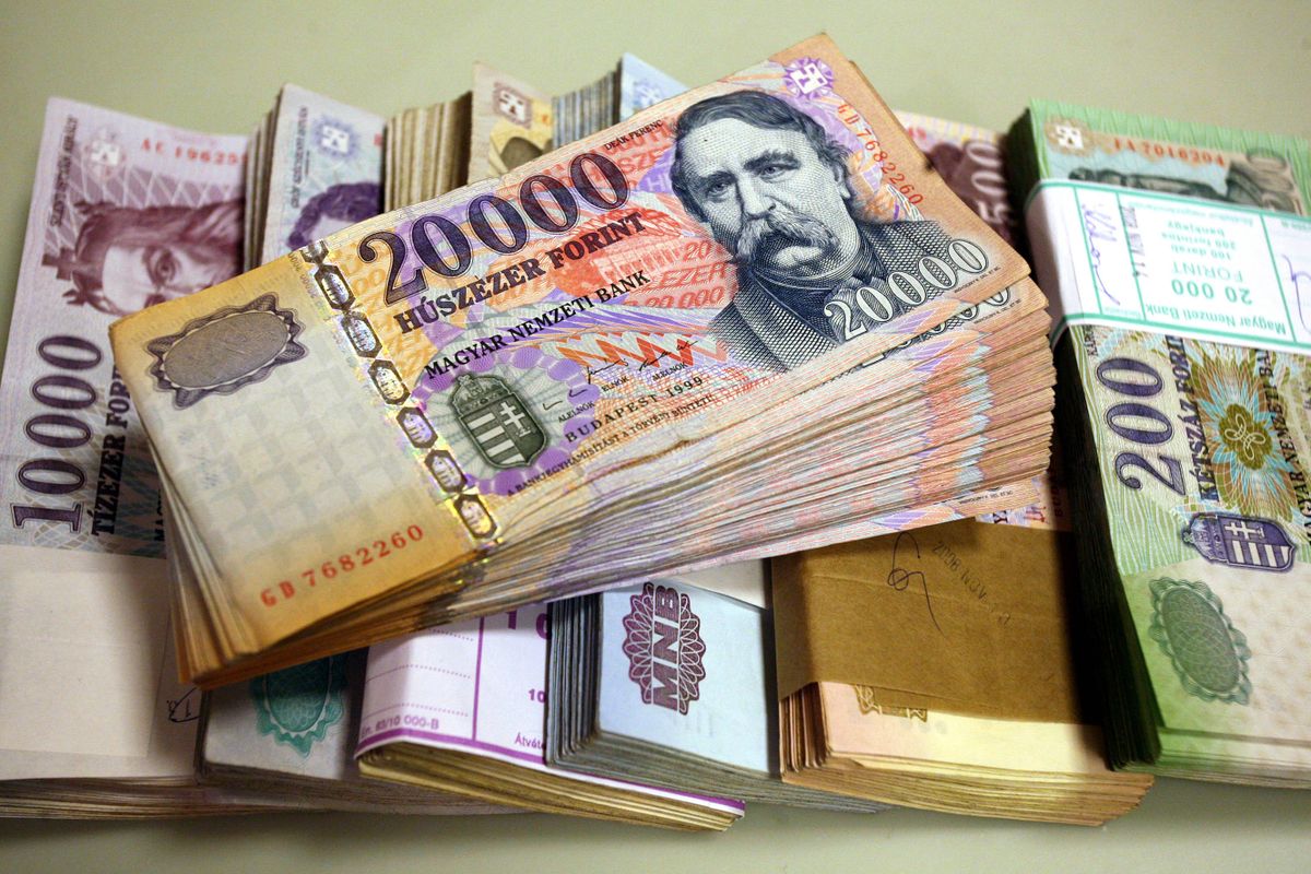 Hungarian Forint notes of differing denominations sit on dis