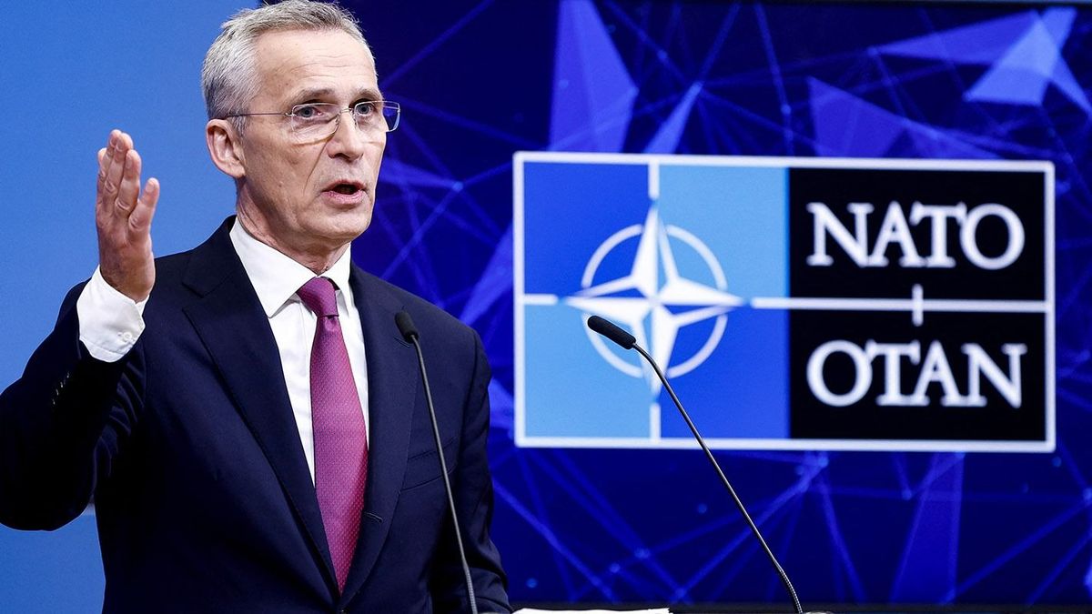 NATO Secretary General Jens Stoltenberg speaks during a press conference at the end of a two-day meeting of North Atlantic Council (NAC) Ministers of Foreign Affairs at the NATO headquarters in Brussels on April 05, 2023. (Photo by Kenzo TRIBOUILLARD / AFP)
BELGIUM-NATO-DEFENCE-NAC