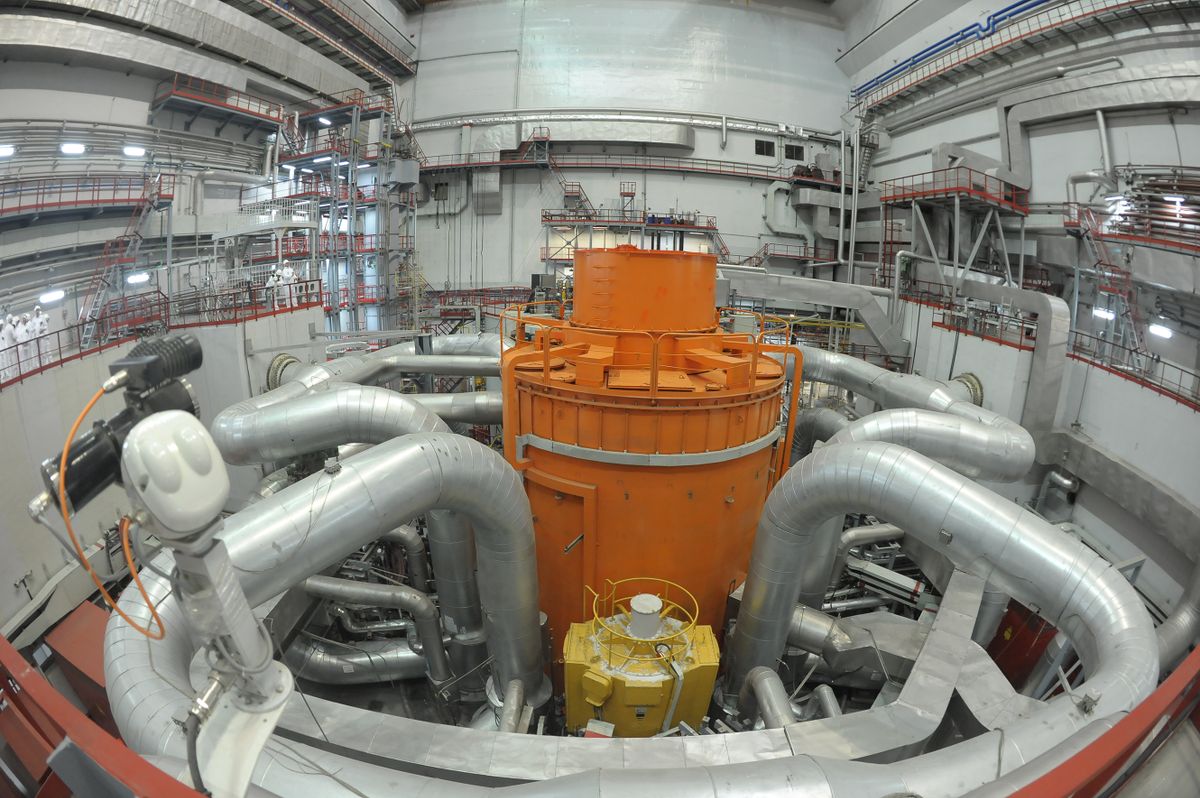 ZARECHNY, RUSSIA - JUNE 27: An interior view of the core of the Russian Fast Breeder Reactor on June 27, 2017 in Zarechny, Svedlovsk Oblast, Russia. Journalists were allowed inside the core of the reactor for the first time. The worlds only commercially operating fast breeder reactor is situated in the Ural Mountains of Russia at the Beloyarsk Nuclear Power Plant, not far from Russias fourth largest city Yekateringburg. The Russians are today the global leaders in fast breeder reactors having operated a fast breeder reactor called BN 600 since 1980 and BN 800 more recently. Fast breeder reactors produce more fuel than they consume and use plutonium and uranium as fuel and liquid sodium is used as coolant. India is also making a Prototype Fast Breeder Reactor at Kalpakkam. This was the first media glimpse of the power plants. 