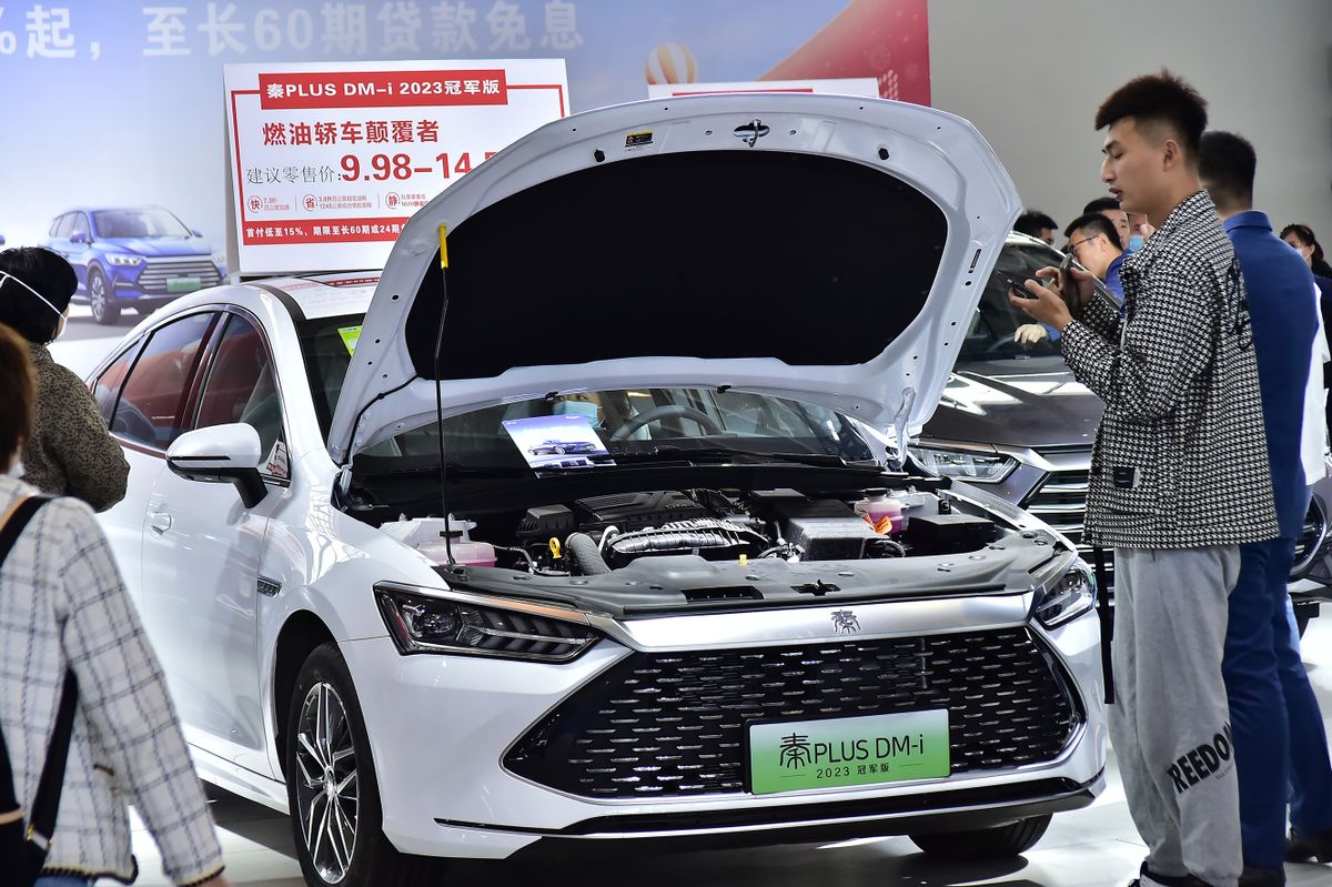 SHENYANG, CHINA - APRIL 01: A BYD Qin Plus DM-i sedan is on display during the Shenyang Auto Show at Shenyang International Exhibition Center on April 1, 2023 in Shenyang, Liaoning Province of China. 