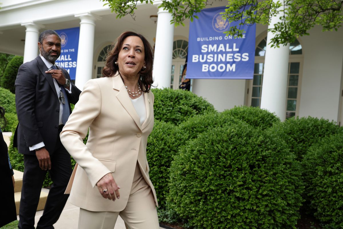 WASHINGTON, DC - MAY 01: U.S. Vice President Kamala Harris (R) leaves after a Rose Garden event at the White House to mark National Small Business Week on May 1, 2023 in Washington, DC. President Biden is hosting small business award winners at the White House to celebrate their contributions. 