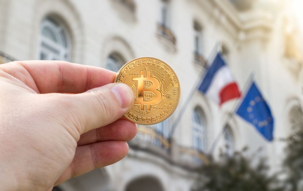 Hand,Holding,Golden,Bitcoin,Against,Flags,Of,France,And,European
