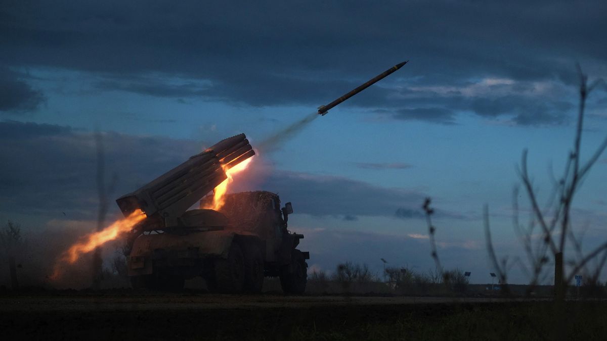 A BM-21 Grad multiple rocket launcher fires towards Russian positions on the frontline near Bakhmut, Donetsk region, on April 23, 2023, amid the Russian invasion on Ukraine. 