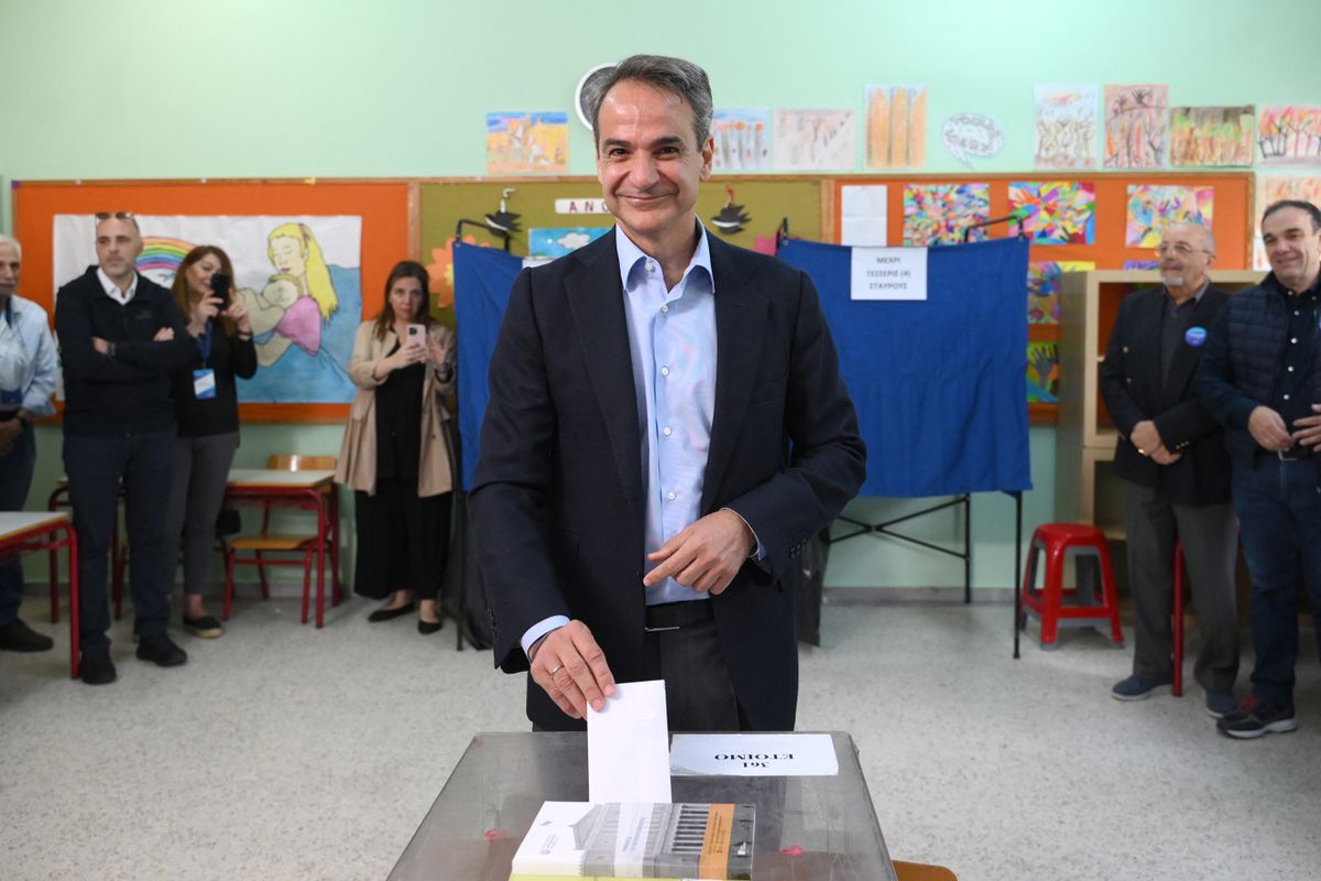 Greek Prime Minister and leader of right wing party New Democracy, Kyriakos Mitsotakis casts his ballot at a polling station during the general election in Athens on May 21, 2023. Greece votes in a general election that could deliver a chaotic outcome, with favourite conservative Prime Minister Kyriakos Mitsotakis unlikely to garner a lead wide enough to avoid a new vote. (Photo by 