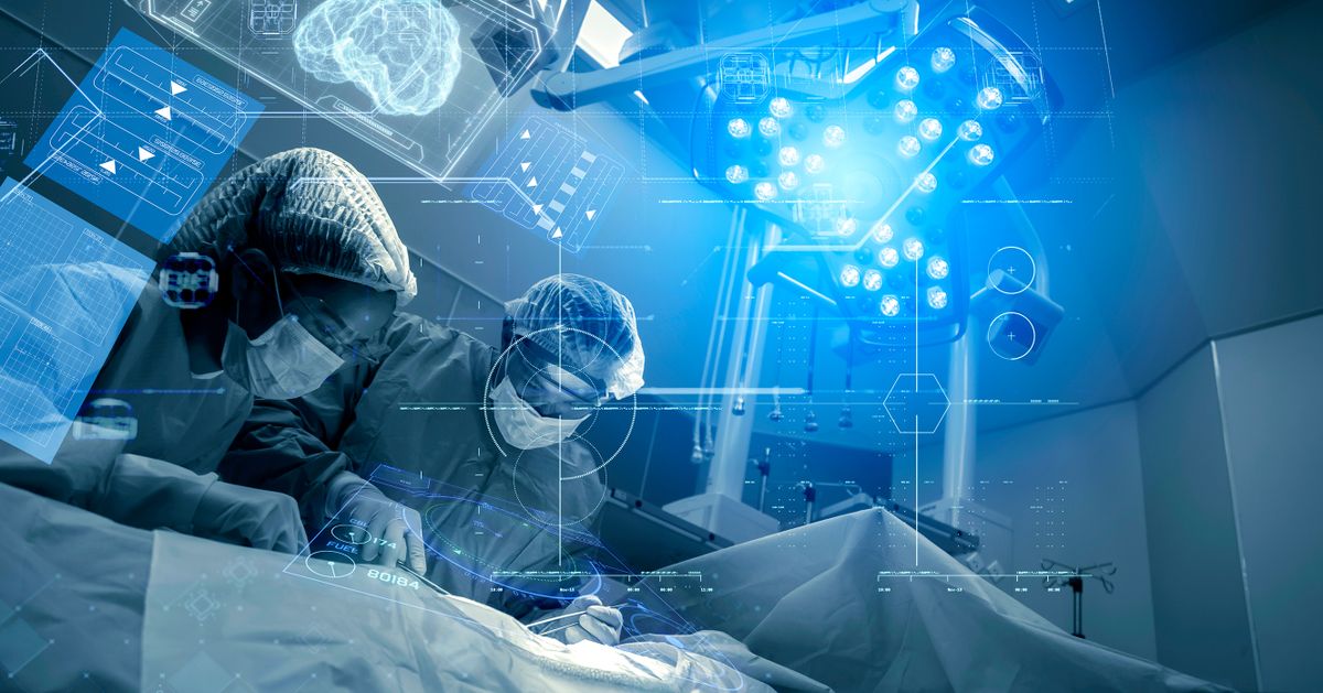 Operating room Doctor or Surgeon anatomy on Advanced robotic surgery machine futuristic virtual interface, robotic surgery are precision, miniaturisation future of tomorrow healthcare and wellness