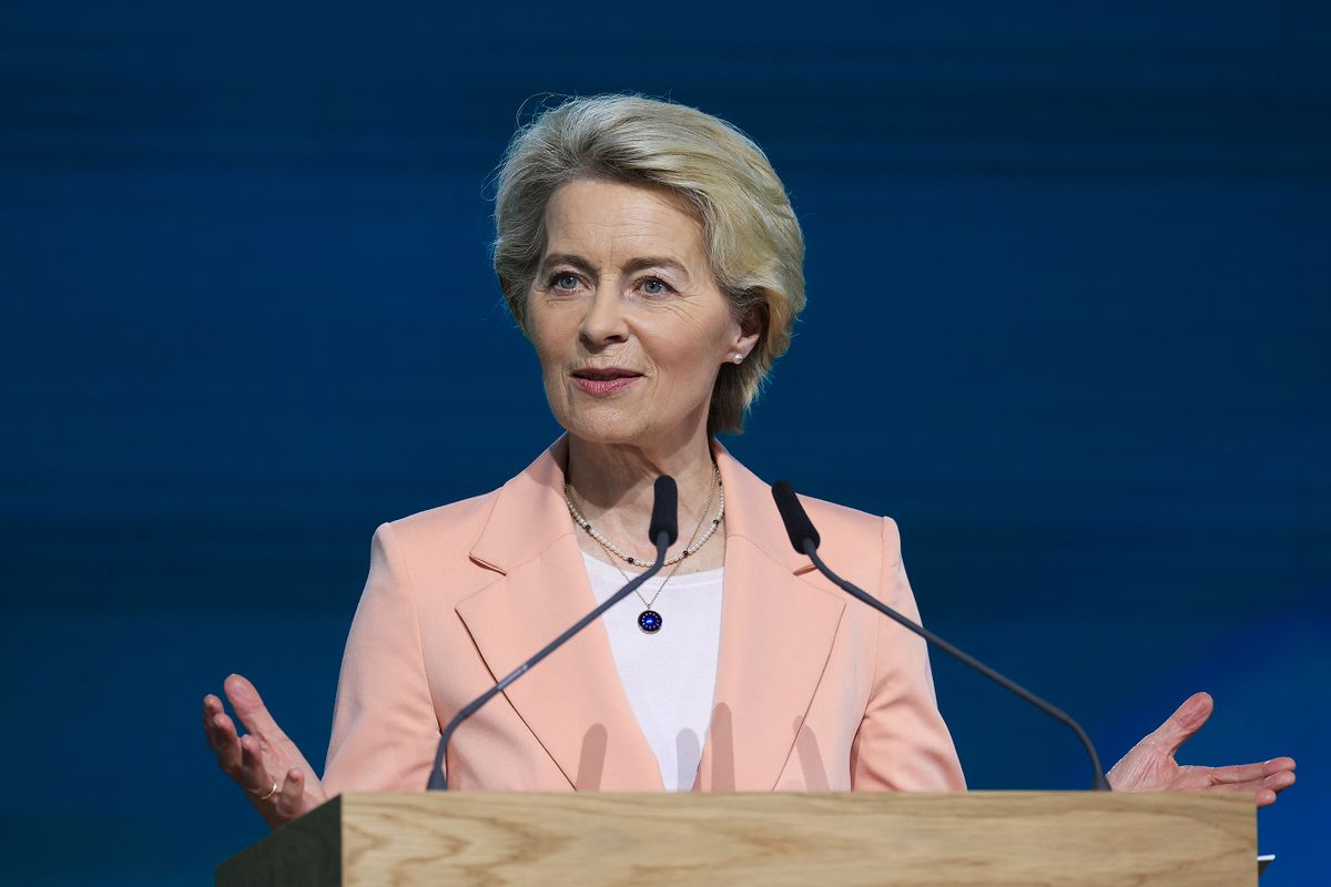 Ursula von der Leyen, president of the European Commission, speaks during the ground-breaking ceremony for the new Infineon Technologies AG semiconductor plant in Dresden, Germany, on Tuesday, May 2, 2023. Infineon gathered European powerbrokers at the ground-breaking ceremony for a new semiconductor fab in Dresden, Germany as its chief executive called for more cooperation among allies amid a flood of competing subsidies announced by the US and EU. 