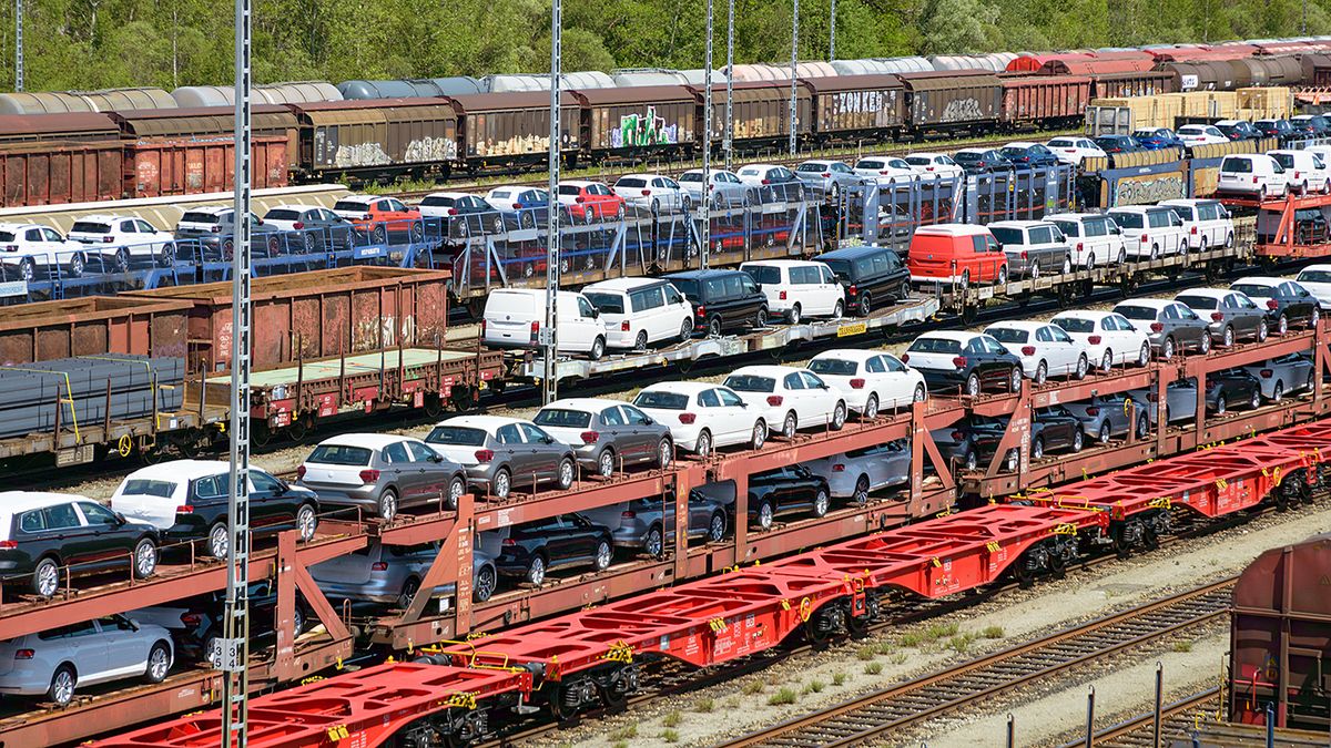 Munich,,Germany,-,July,10,,2019:,Lots,Of,New,Cars
Munich, Germany - July 10, 2019: lots of new cars loaded on railway autorack wagons and ready for shipment from factories to automotive distributors