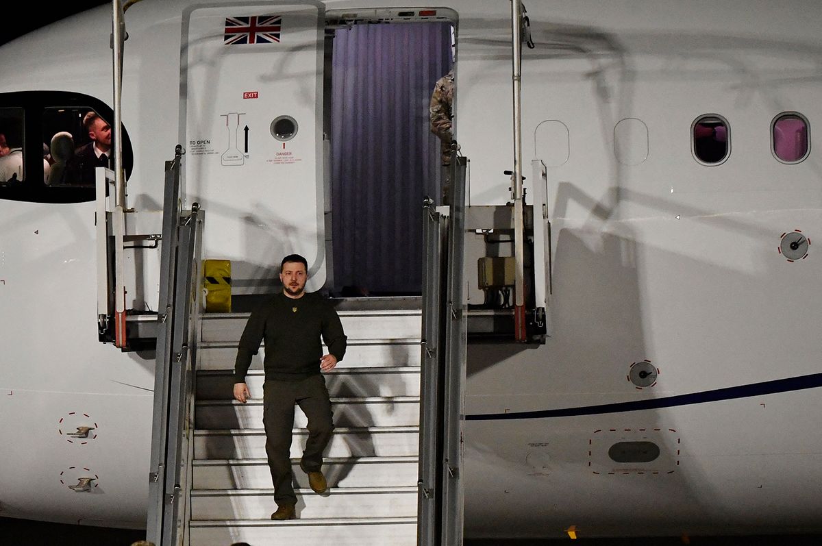 FRANCE-UKRAINE-RUSSIA-CONFLICT-POLITICS-DIPLOMACY
Ukraine's President Volodymyr Zelensky disembarks from a plane as he arrives at Orly airport, outside Paris, before attending a meeting with France's President and Germany's Chancellor on February 8, 2023, following his visit to the United Kingdom. EU officials are hoping Zelensky will head to Brussels on February 9 to meet European leaders in a largely symbolic but nevertheless keenly anticipated visit after months of European support for Ukraine. (Photo by JULIEN DE ROSA / POOL / AFP)