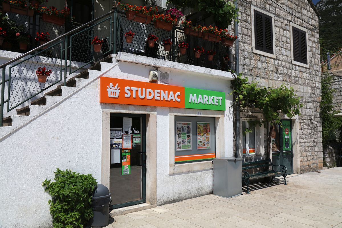 STON, CROATIA - JUNE 20, 2021: Studenac Market grocery store in Ston in Croatia. Studenac is a large chain of local grocery stores in Croatia.