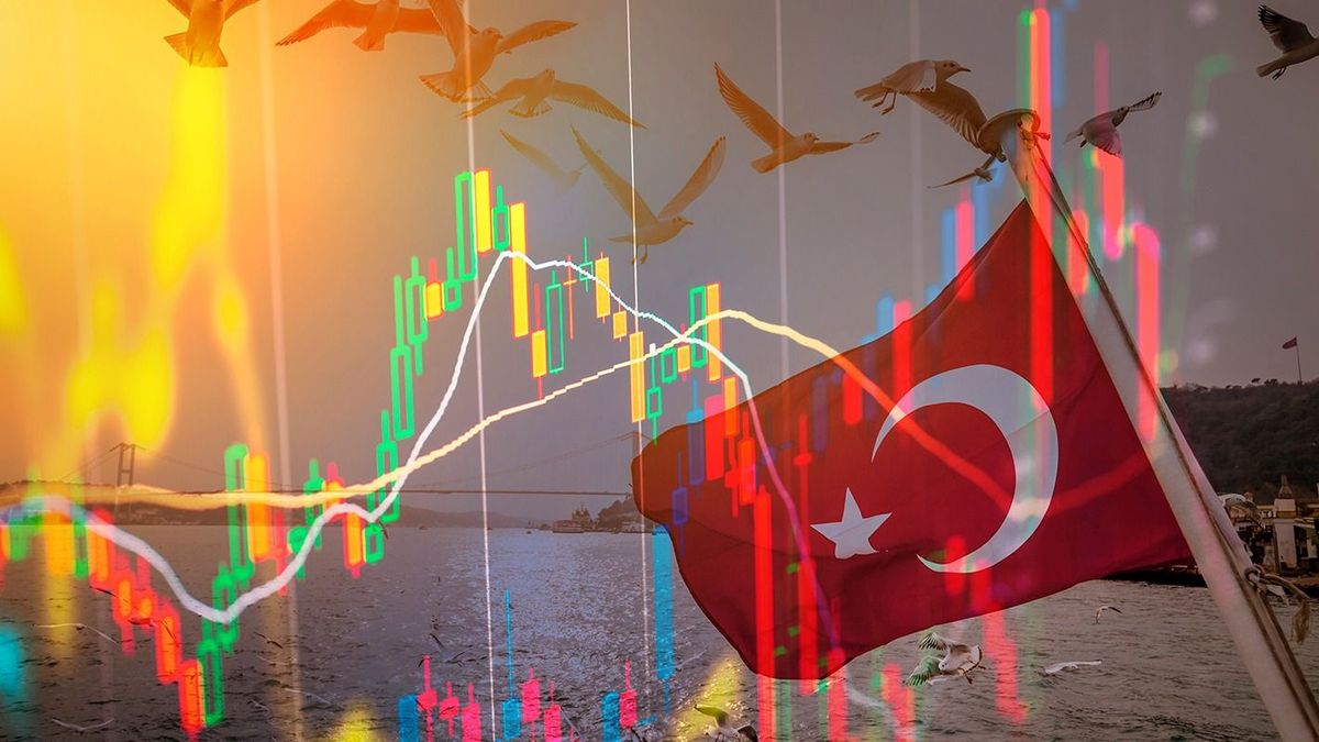 Stock charts on the background of Turkish flag. Economy of Turkey