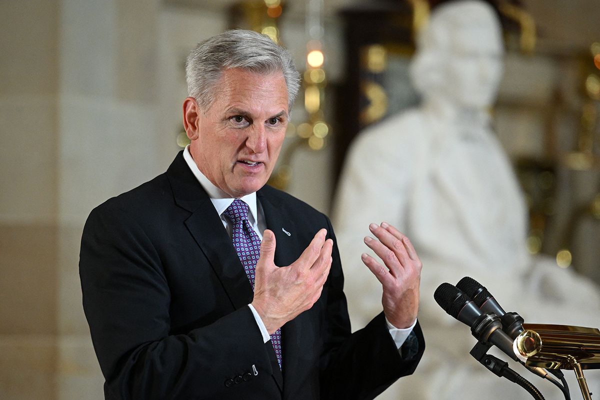 US-POLITICS-PORTRAIT-RYAN
US House Speaker Kevin McCarthy (R-CA) speaks during a portrait unveiling for former US House Speaker Paul Ryan in Statuary Hall at the US Capitol in Washington, DC, on May 17, 2023. (Photo by Mandel NGAN / AFP)