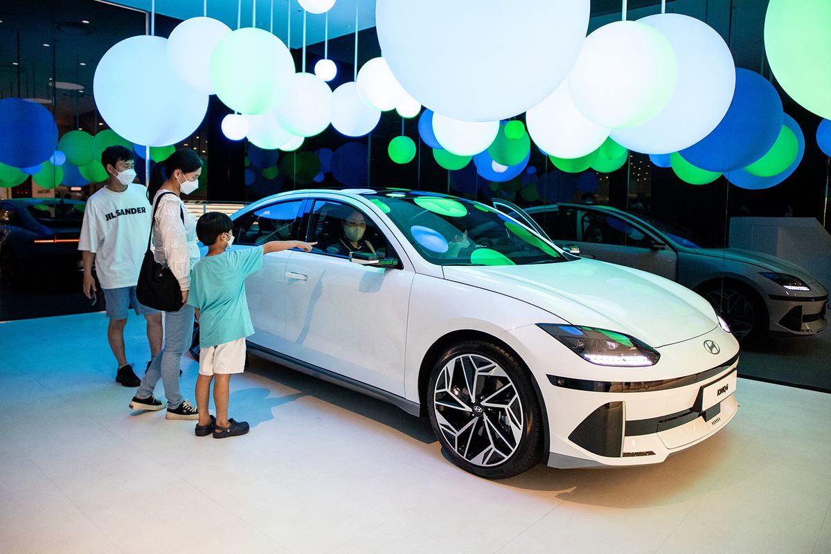 The Hyundai IONIQ 6
An Hyundai IONIQ 6 electric vehicle display at The Hyundai Seoul shopping complex on August 4, 2022 in Seoul, South Korea. The IONIQ 6 will be released in September. (Photo by Chris Jung/NurPhoto) (Photo by Chris Jung / NurPhoto / NurPhoto via AFP)