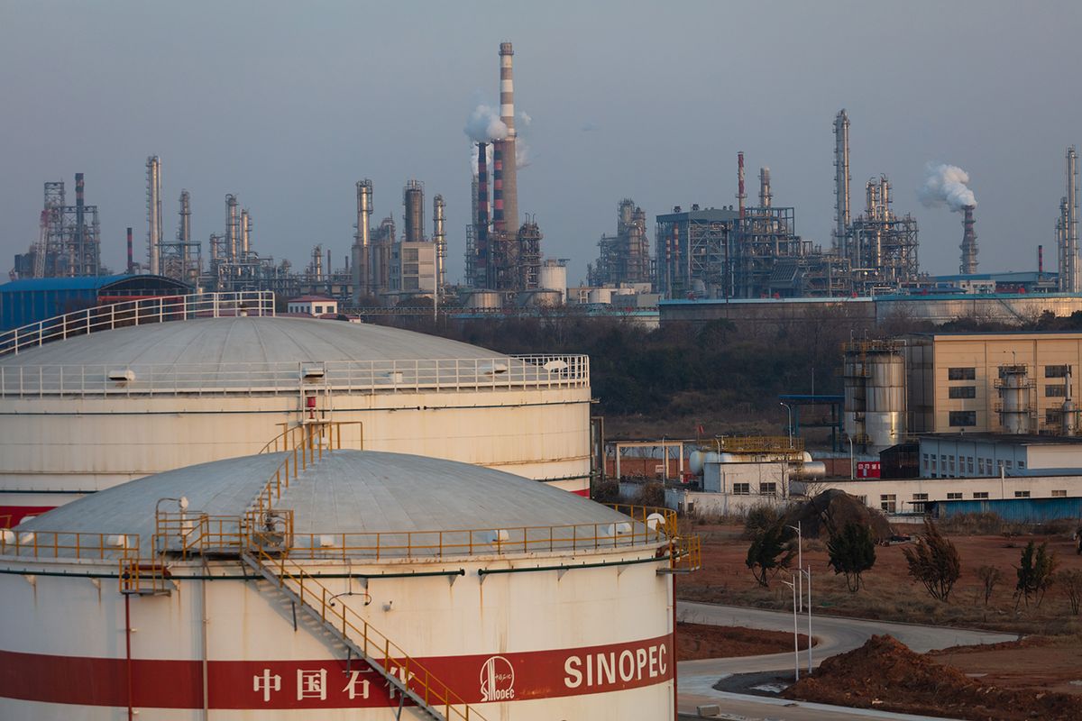 Jiangxi, China - Jan 23, 2021: China Petroleum and Chemical Corporation Jiujiang Branch Crude Oil Processing and Storage Equipment Modern Production Line. China's GDP in 2020 will be $14.73 trillion.