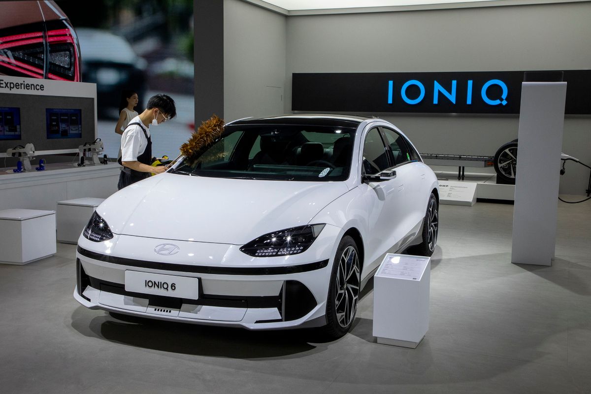 SHANGHAI, CHINA - APRIL 19: A Hyundai IONIQ 6 electric sedan is on display during the 20th Shanghai International Automobile Industry Exhibition at the National Exhibition and Convention Center (Shanghai) on April 19, 2023 in Shanghai, China. 