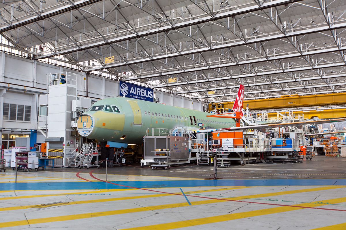 Airbus,Plant,,Toulouse,,France,-,06.20.2015.,Airbus,Production,Area.,Factory
Airbus Plant, Toulouse, France - 06.20.2015. Airbus production area. Factory inside. The final assembly shop. Passenger aircraft Airbus A320 of AirAsia Airlines (Air Asia) during assembly.