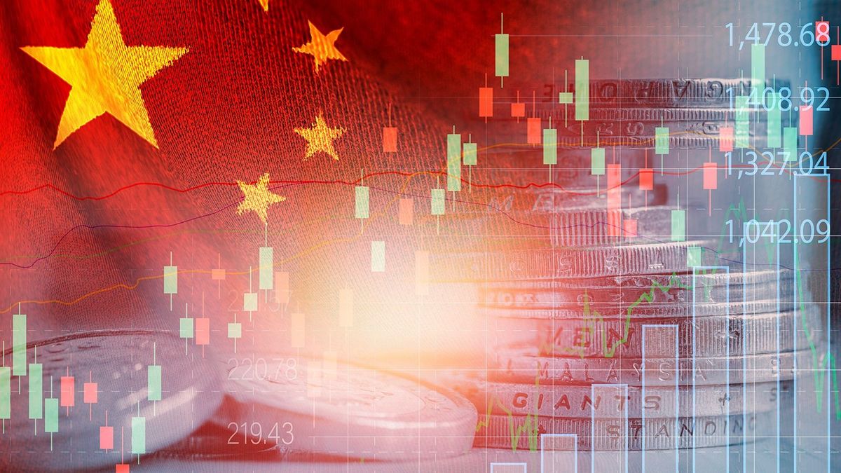Double,Exposure,Of,China,Flag,On,Coins,Stacking,And,StockDouble exposure of China flag on coins stacking and stock market graph chart .It is symbol of china high growth economy and technology.