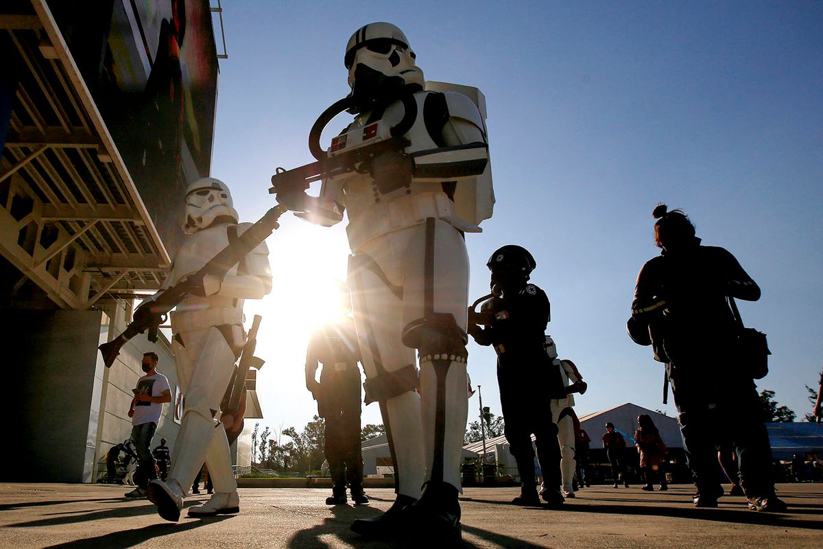 MEXICO-ENTERTAINMENT-CINEMA-STARS WARS
Fans dressed as Stormtroopers and other characters from "Star Wars" participate in a gathering to celebrate "International Star Wars Day" at the Cineteca of the Universidad Autonoma de Guadalajara in Zapopan, Jalisco state, Mexico, on May 4, 2021. (Photo by ULISES RUIZ / AFP)