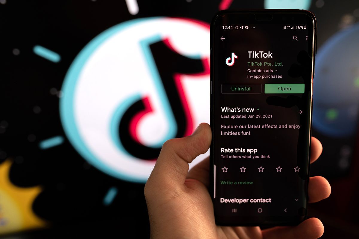 New,York,,Usa,,February,9,,2021:,A,Picture,Of,The
New York, USA, February 9, 2021: A picture of the TikTok download screen on Google Play Store on an Android phone, with the Tiktok website on the background	
