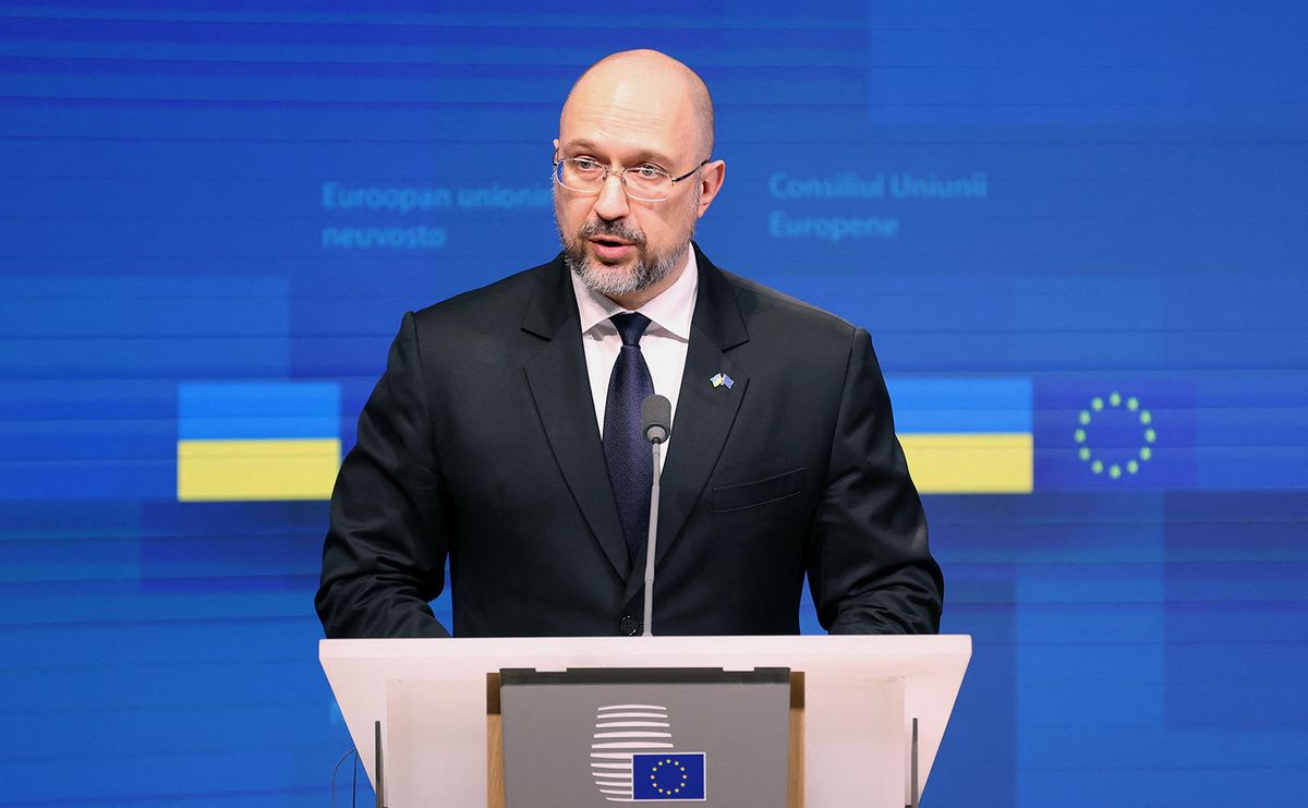 EU-Ukraine Association Council meeting
BRUSSELS, BELGIUM - SEPTEMBER 05: Prime Minister of Ukraine Denys Shmyhal, European Union's foreign policy chief Josep Borrell (not seen), and EU enlargement commissioner Oliver Varhelyi (not seen), give a joint press conference during an EU-Ukraine Association Council meeting at the EU headquarters in Brussels, Belgium on September 5, 2022. Dursun Aydemir / Anadolu Agency (Photo by Dursun Aydemir / ANADOLU AGENCY / Anadolu Agency via AFP)
Denisz Smihal ukrán miniszterelnök
