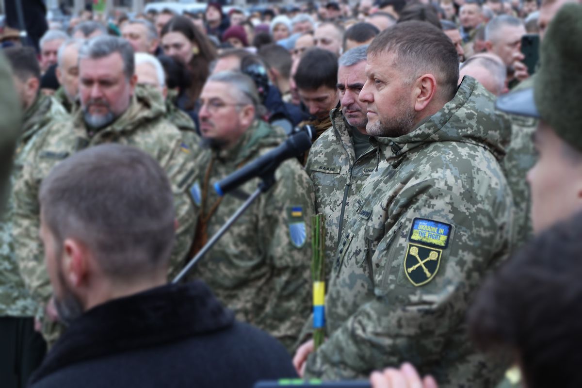 Funeral Of The Hero Of Ukraine Dmytro Kotsiubailo
KYIV, UKRAINE - MARCH 10: Commander-in-Chief of the Armed Forces of Ukraine Valerii Zaluzhnyi (R) speaks on the Maidan Nezalezhnosti during funeral ceremony on March 10, 2023 in Kyiv, Ukraine. A farewell ceremony was held in Kyiv for Ukrainian military officer Dmytro Kotsiubailo with the call sign "Da Vinci" who died near Bakhmut on March 7. Kotsiubailo became the first volunteer who received the title of Hero of Ukraine during his lifetime with the award of the Order of the Gold Star for personal courage. (Photo by Yan Dobronosov/Global Images Ukraine via Getty Images)