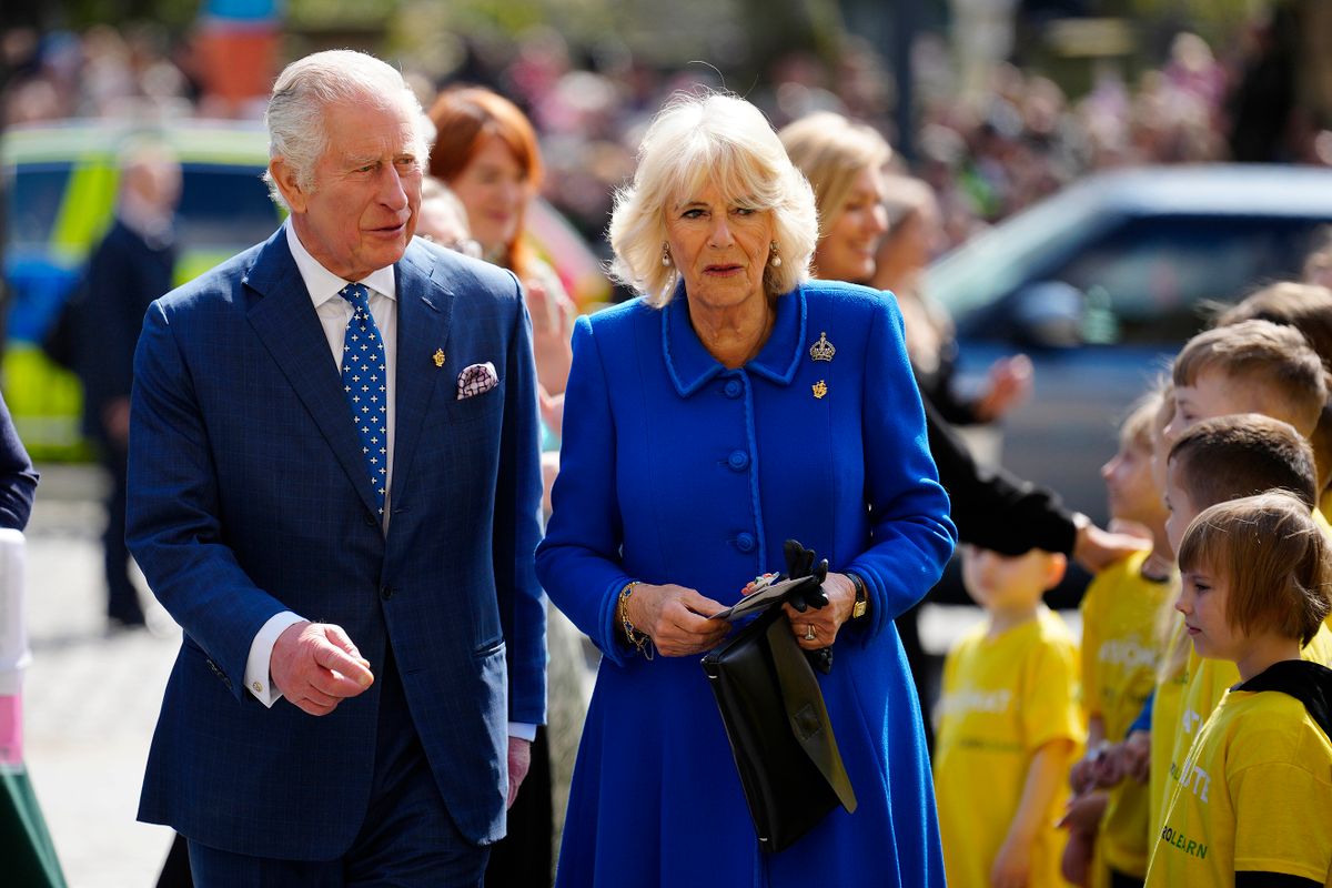 LIVERPOOL, ENGLAND - APRIL 26: Britain's King Charles III and Camilla, the Queen Consort arrive to visit Liverpool Central Library, to officially mark the Library's twinning with Ukraine's first public Library, the Regional Scientific Library in Odesa, in Liverpool, Wednesday, April 26, 2023 on April 26, 2023 in Liverpool, England. The King and Queen Consort are visiting to city ahead of the Eurovision Song Contest, which is being hosted by the UK on behalf of Ukraine. 