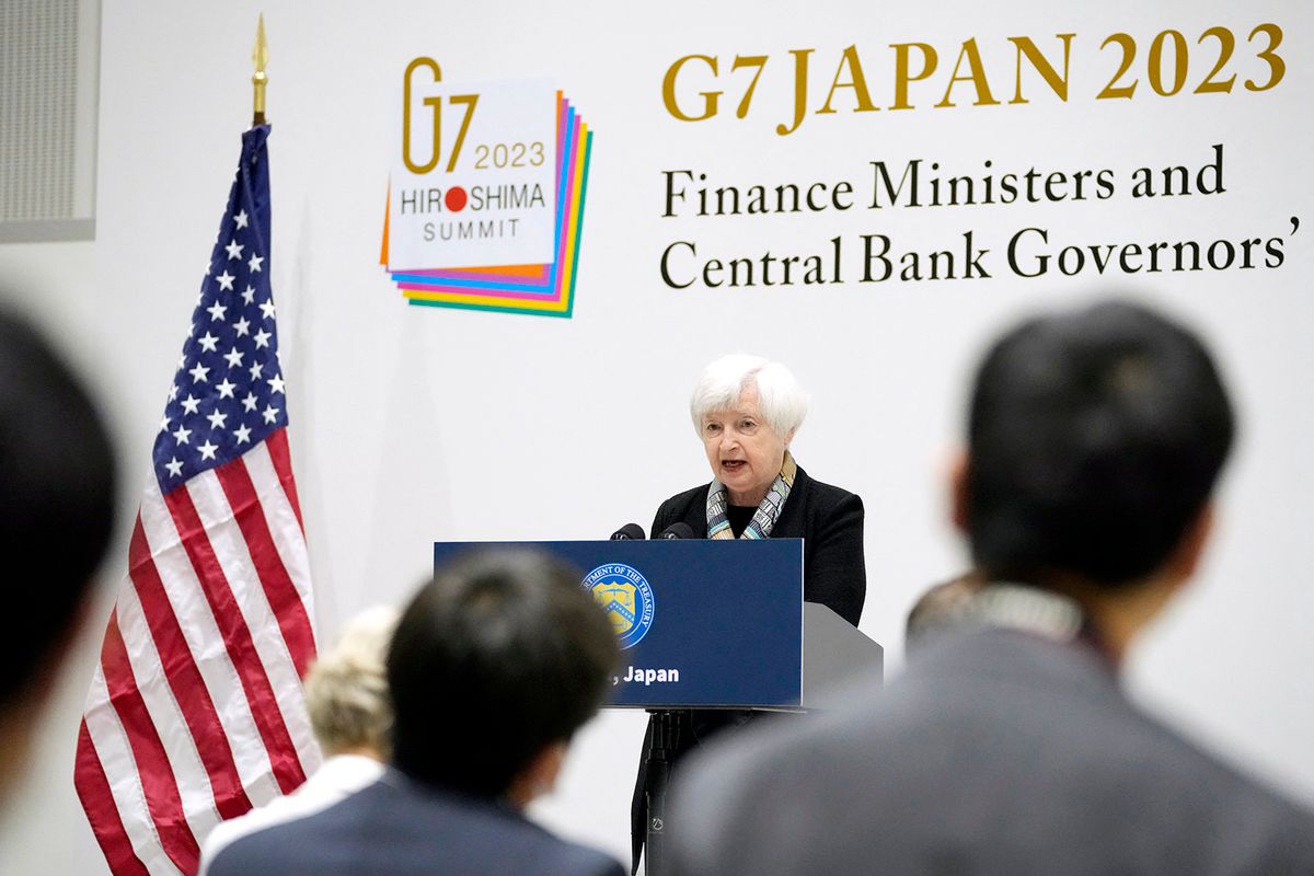 US Treasury Secretary Janet Yellen speaks during a press conference at the G7 meeting of Finance Ministers and Central Bank Governors at Toki Messe in Niigata on May 11, 2023. (Photo by Shuji Kajiyama / POOL / AFP)
