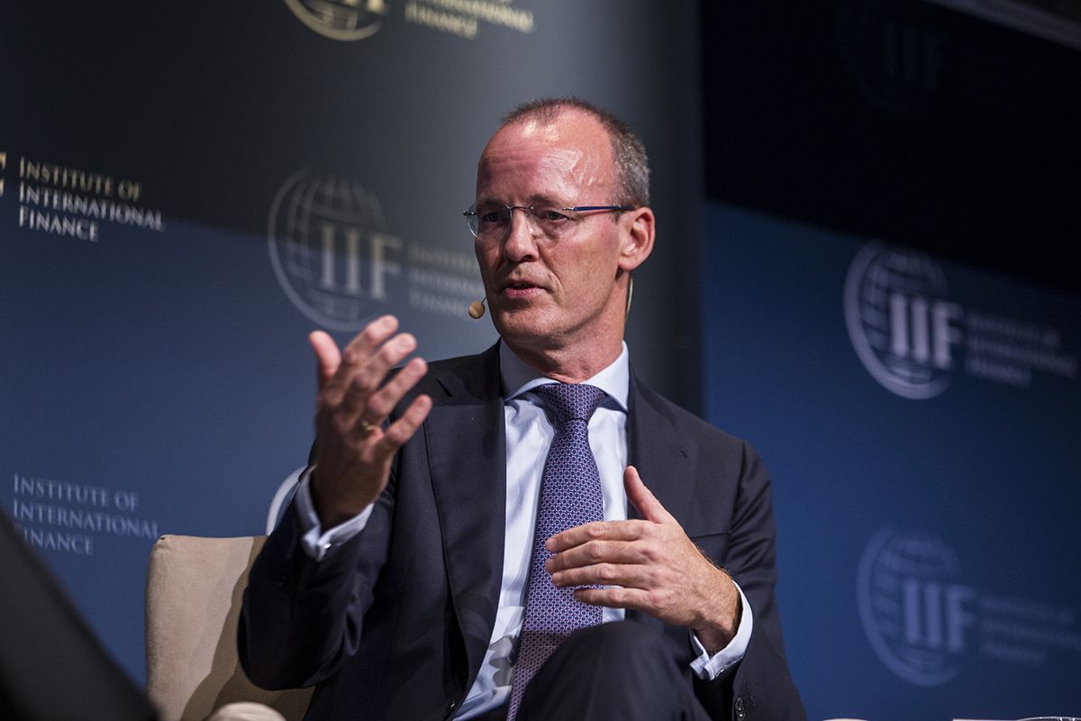 Key Speakers At The IIF Annual Membership Meeting
Klaas Knot, president of De Nederlandsche Bank NV, speaks during the Institute of International Finance (IIF) annual membership meeting in Washington, D.C., U.S., on Thursday, Oct. 17, 2019. The meeting explores the latest issues facing the financial services industry and global economy today. Photographer: Zach Gibson/Bloomberg via Getty Images