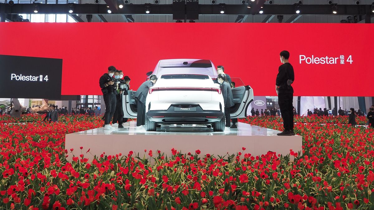 SHANGHAI, CHINA - APRIL 23: A Polestar 4 electric SUV is on display during the 20th Shanghai International Automobile Industry Exhibition at the National Exhibition and Convention Center (Shanghai) on April 23, 2023 in Shanghai, China. 
