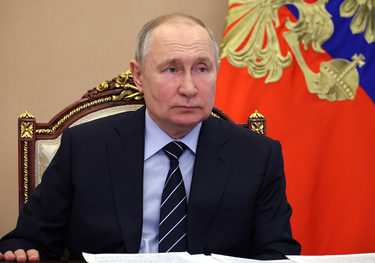 Russian President Vladimir Putin holds a meeting with the Novosibirsk Region Governor via a video link at the Kremlin in Moscow on May 16, 2023. (Photo by Mikhail KLIMENTYEV / SPUTNIK / AFP)