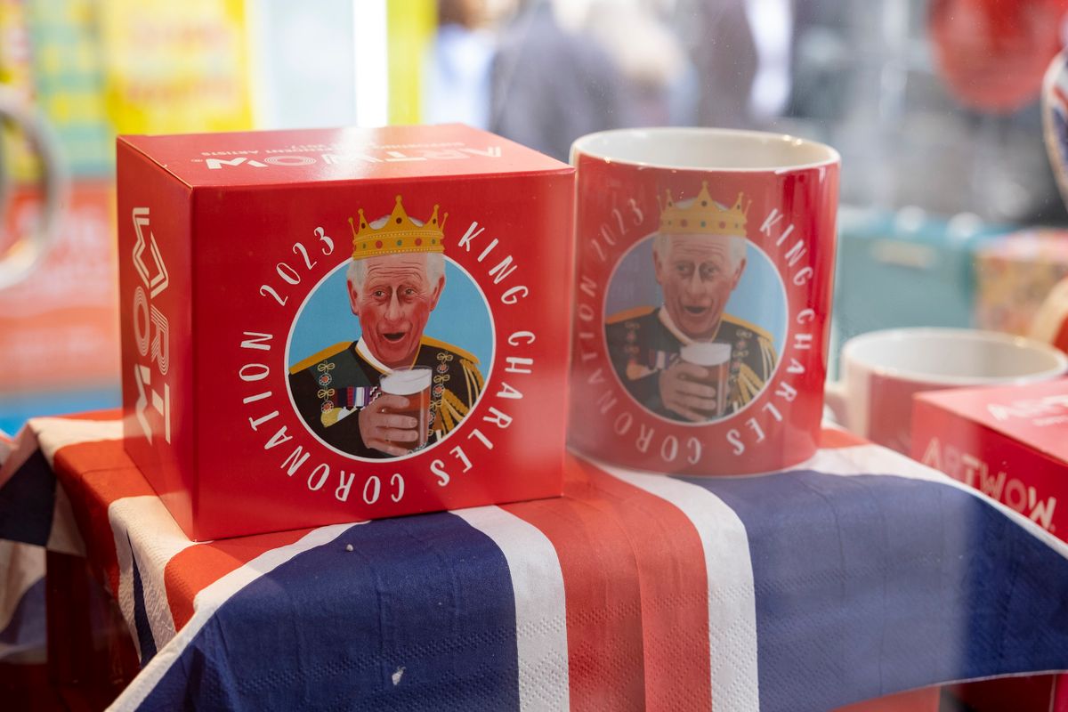 King Charles III Coronation merchandise on sale in a souvenir shop on 25th April 2023 in London, United Kingdom. King Charles II will be crowned King of England on 6th May 2023. 