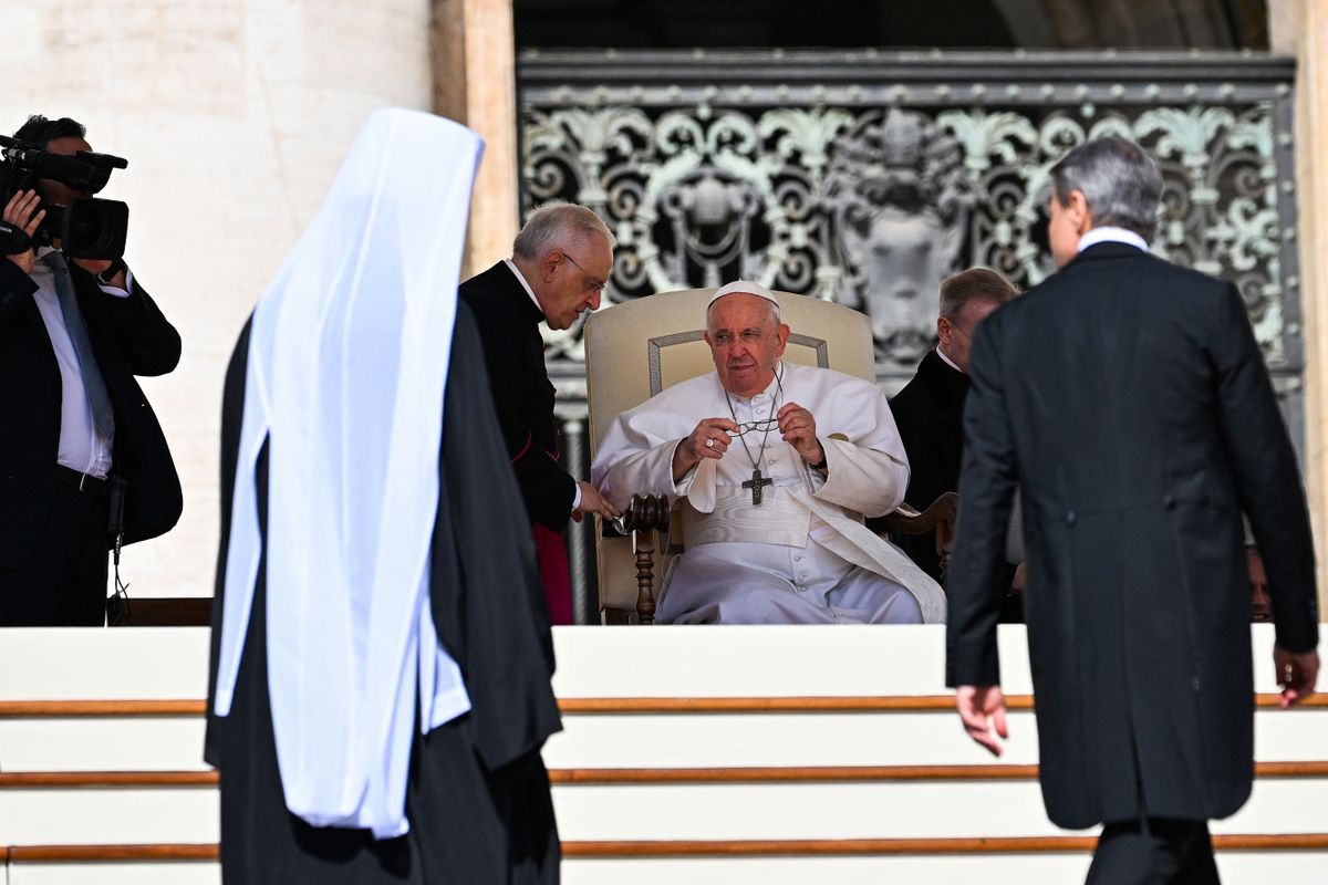 Pope Francis prepares to meet with the Chairman of the Department for External Church Relations of the Moscow Patriarchate, Metropolitan Anthony of Volokolamsk (Anton Yuryevich Sevryuk) (Front L) during the weekly general audience on May 3, 2023 at St. Peter's square in The Vatican. 