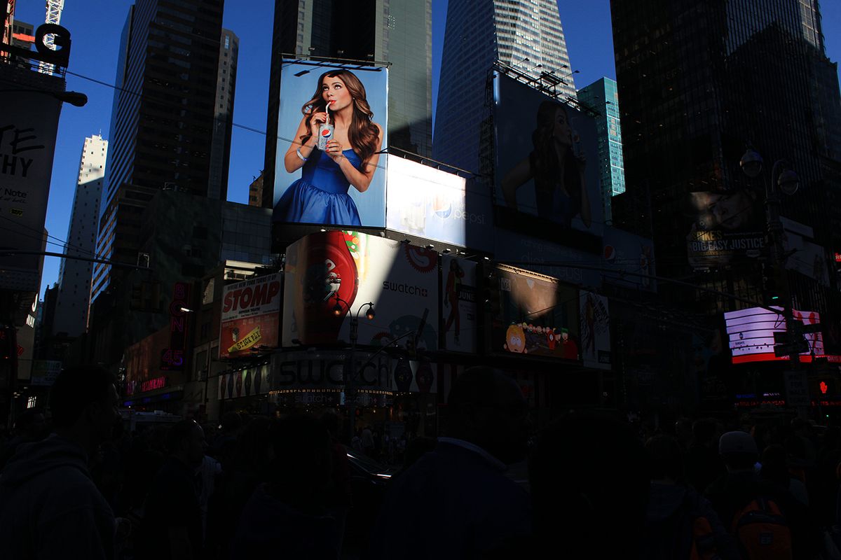 Modern Family actress Sofia Vergara featured in the Pepsi Adverts in Time Square, New York. USA
Modern Family actress Sofia Vergara featured in the Pepsi Adverts in Time Square, New York. Times Square is the major commercial intersection in Midtown Manhattan, New York City, at the junction of Broadway and Seventh Avenue and stretching from West 42nd to West 47th Streets. Time Square, New York, USA. 27th April 2012. Photo Tim Clayton (Photo by Tim Clayton/Corbis via Getty Images)