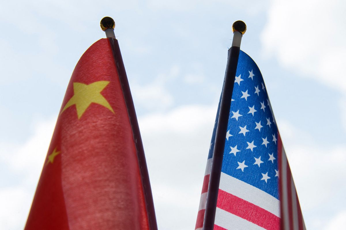 FLAGS / Drapeaux
Flags illustration: Chinese and American. China - USA.Illustration des drapeaux: chinois et americain. Chine - Etats Unis. (Photo by Riccardo Milani / Hans Lucas / Hans Lucas via AFP)