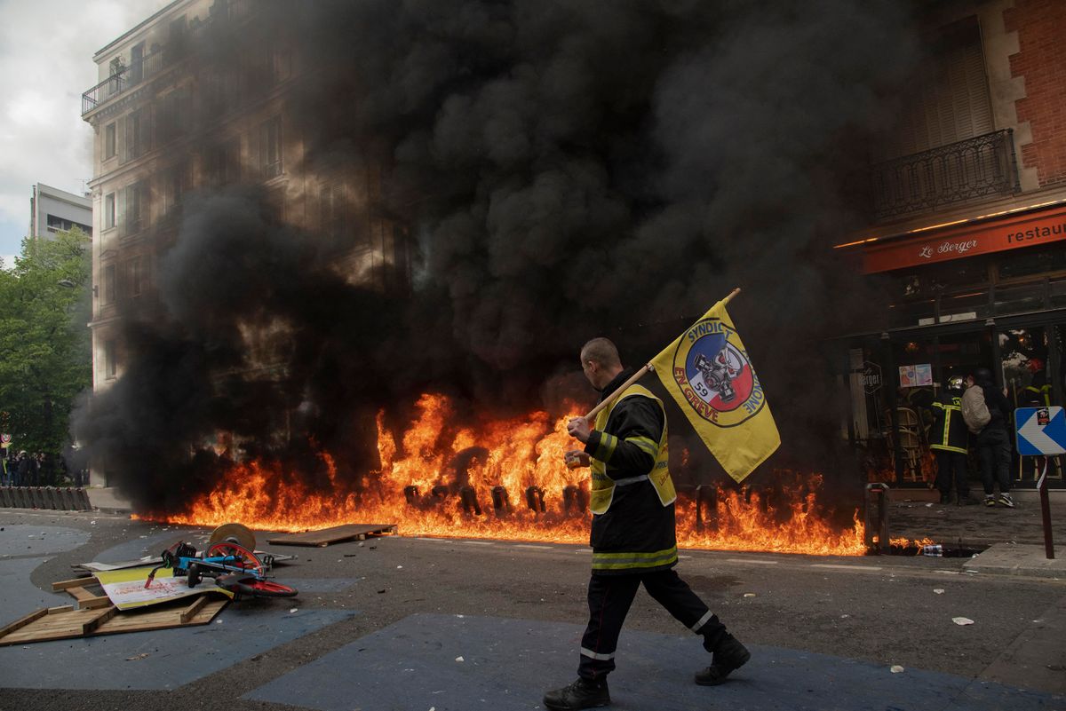 Clashes erupted in Paris on Monday marking May Day, the International Workers Day, in Paris, France, on May 1, 2023. French police fired teargas and clashed with demonstrators in Paris, at least 108 police were wounded and 291 people detained across France, 90 of whom were apprehended in Paris, according to the French Interior Minister Gerald Darmanin.