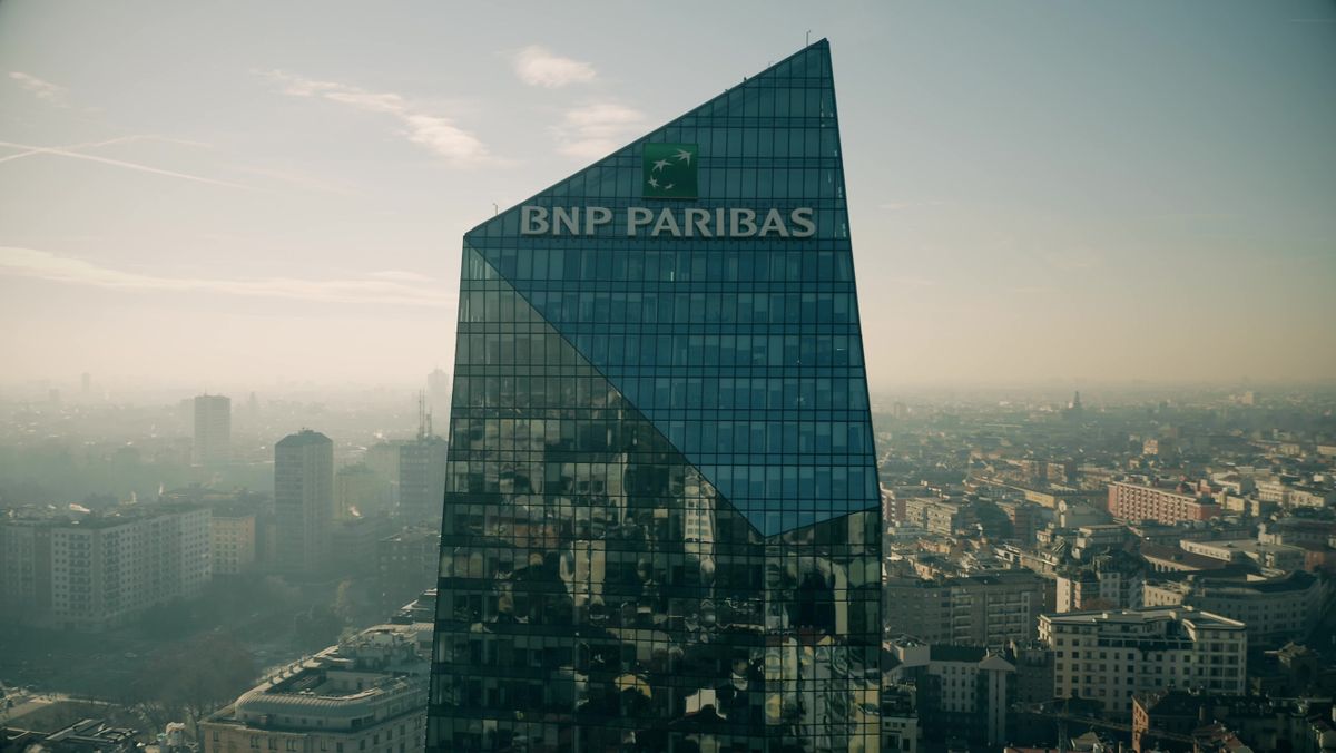 MILAN, ITALY - JANUARY 5, 2019. Aerial shot of BNP Paribas bank office in the Diamond Tower or Torre Diamante
