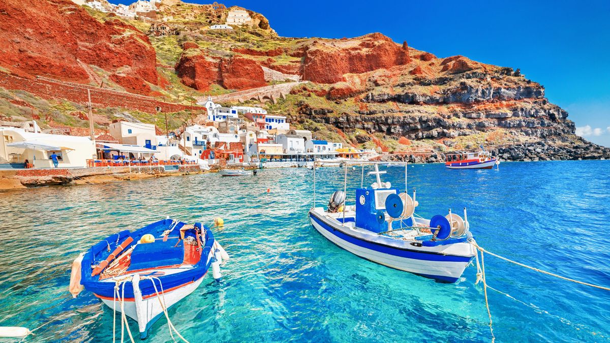 Greece.,Breathtaking,Beautiful,Landscape,Of,Two,Fishing,Boats,Anchored,To