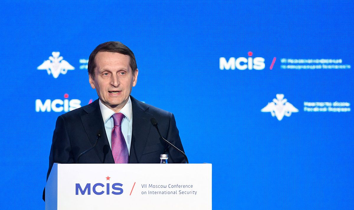 RUSSIA-DEFENCE-SECURITY-CONFERENCEDirector of the Foreign Intelligence Service (SVR) Sergei Naryshkin delivers a speech during the opening ceremony of the VII Moscow Conference on International Security MCIS-2018 in Moscow on April 4, 2018. (Photo by Alexander NEMENOV / AFP)