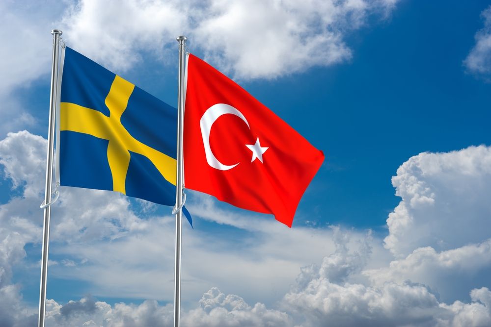 Flags,Of,Sweden,And,Turkey,Waving,With,Cloudy,Blue,Sky