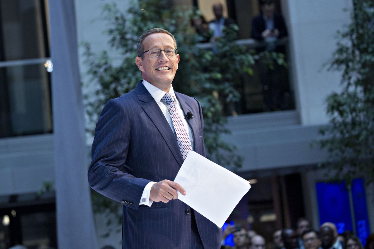 Richard Quest, anchor with CNN International, speaks before moderating a debate during the International Monetary Fund (IMF) and World Bank Group Annual Meetings in Washington, D.C., U.S., on Thursday, Oct. 12, 2017. Near-term risks to world financial stability have declined since April amid improving macroeconomic conditions and the subsiding risk of emerging-market turmoil, the IMF said in its latest Global Financial Stability Report released yesterday. 